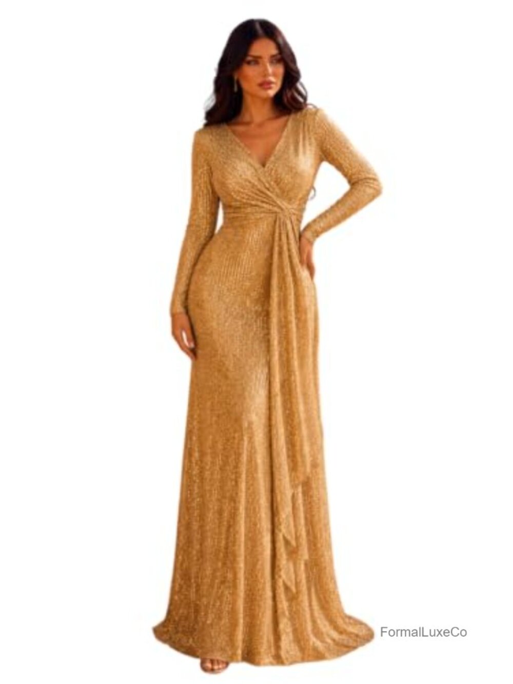 Long Sleeve Sequin Maxi Dress V Neck Formal Evening Gown Wrap Slit